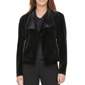 Calvin Klein black velvet open front jacket stretch blazer zip pockets moto